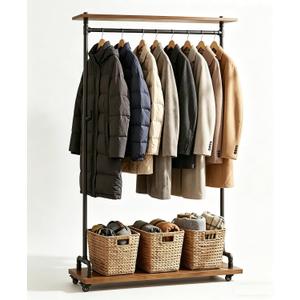 Industrial Pipe Clothing Rack on Wheels, Rolling Iron Garment Racks with Wood Shelves, Commercial Heavy Duty Clothing Racks, Steampunk Clothes Rack Retail (Two Tiers)