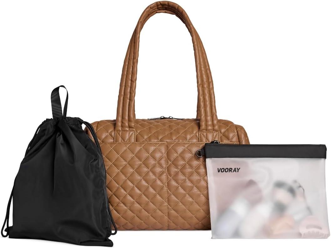 Vooray Alana Duffel Bag – Compact 25L Weekender Duffle Bag for Women, Use for Gym, Travel Carry-On, Work, Overnight Trips, Quilted Tan, 25L, Alana Duffel