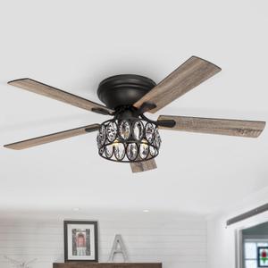 52 inch Flush Mount Black Ceiling Fans with Light Remote Control, 5 Reversible Blade Farmhouse Low Profile Ceiling Fan with Crystal Lighting Chandelier for Bedroom Living Room (Black)
