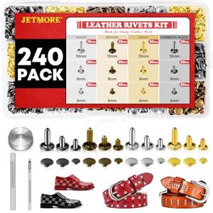 240 Sets Leather Rivets Kit, Double Cap Brass Rivets Leather Studs with 3PCS Setting Tools for Leather Repair and Crafts, 4 Colors and 3 Sizes