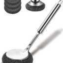5Pcs Steel Wool Scrubber, Stainless Steel Scrubber Set with Long & Short Handle & 3Pcs Pads, Metal Scrubbers for Cleaning Kitchen,Household,Dishes,Wash Sink,Pots,Pans,Cast Iron,Grills,Stoves