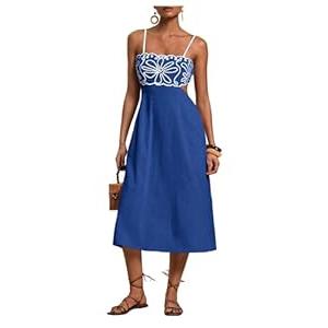 SOLY HUX Women's Midi Dress Embroidery Spaghetti Strap Cut Out A Line Flared Summer Cami Dresses S