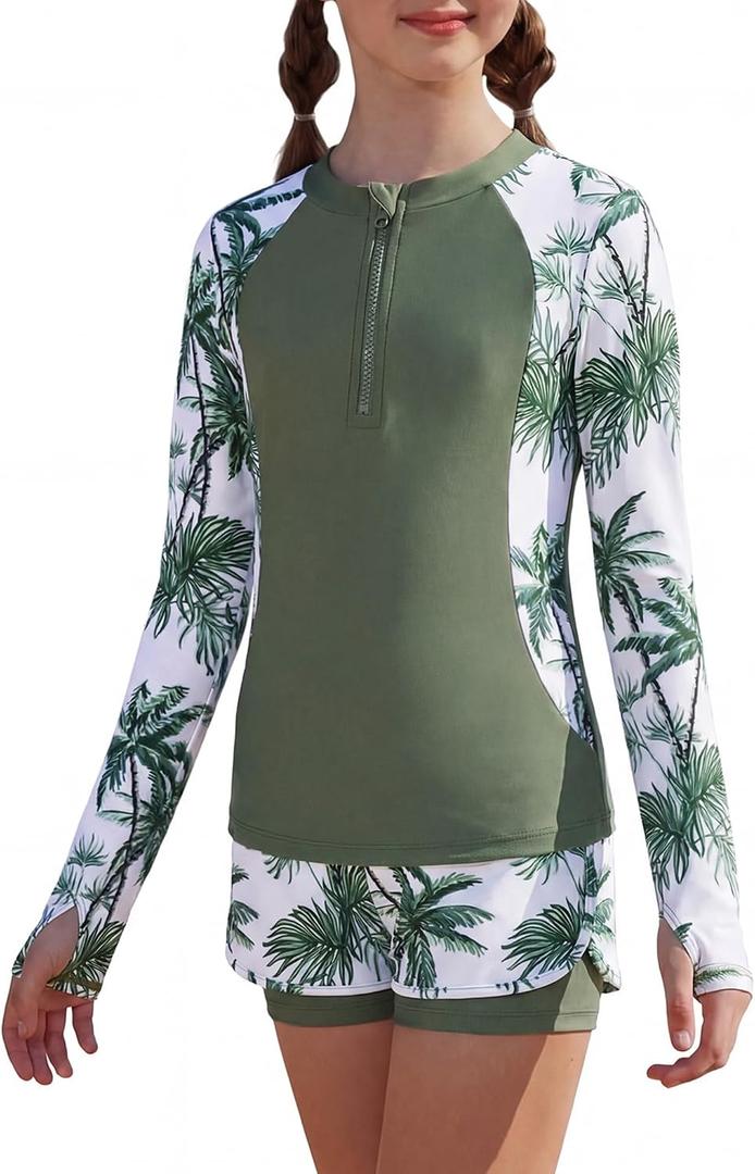 GRACE KARIN Girls Rash Guard Swimsuit Long Sleeve Two Piece Bathing Suit UPF 50+ Summer Swimwear Size 10Y