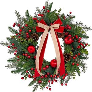 24 Inch Outdoor Christmas Wreath with Red Bow & Storage Bag  Red Berry, Apple & Pine Winter Wreaths for Front Door  Perfect Easy Storage for Year-Round Use