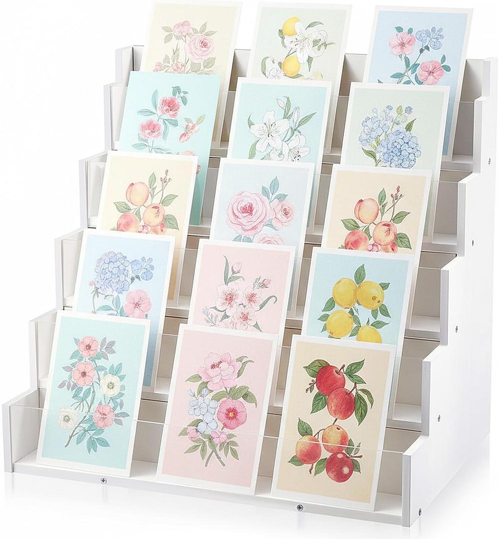 5 Tier Greeting Card Display Stand White Bamboo and Acrylic Sticker Display Stand Trading Card Holder Retail Photos Shelf for Vendors Craft Collection & Show