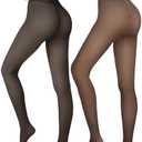 Caprilite 2 Pairs Women Fleece Lined Tights-Fake Translucent Leggings High Waist Pantyhose Sheer Thick Warm Tights For Women L