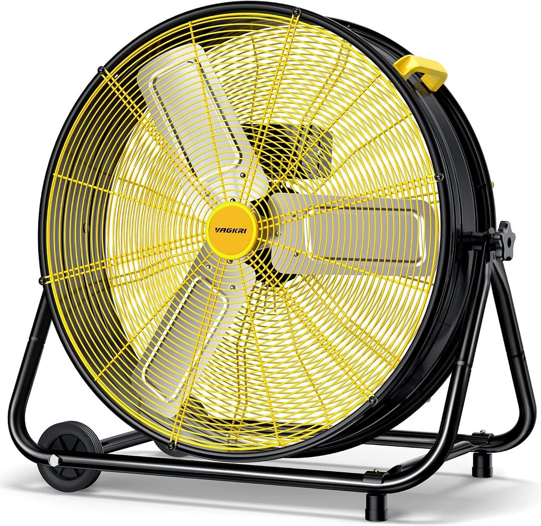 VAGKRI 24 Inch Industrial Drum Fan, 320W High Velocity Floor Fan, 3 Speed Heavy Duty Metal Air Circulator, 360 Tilt with Casters Handle ETL Standard for Patios, Warehouse, Commercial,Basement