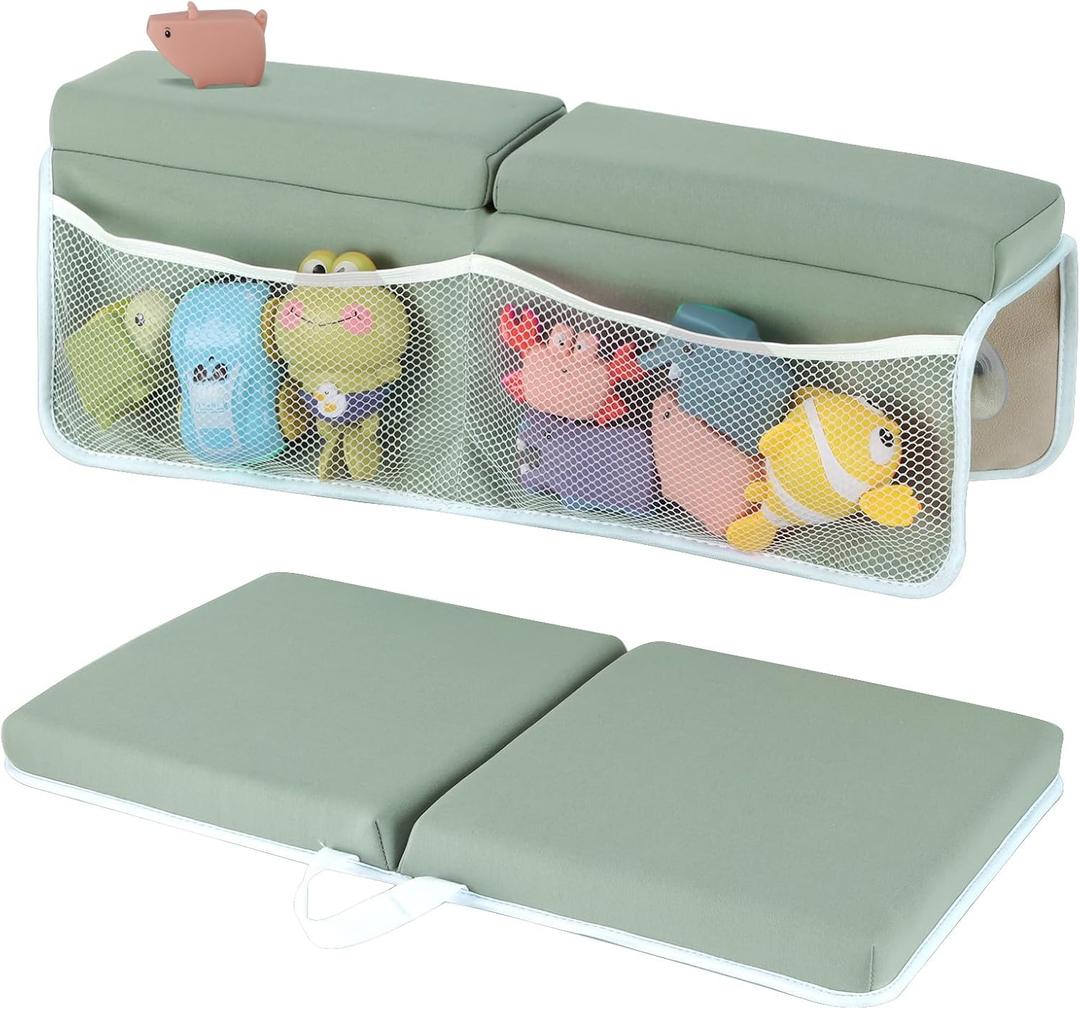 Baby Bath Kneeler and Elbow Rest Pad Set, 1.5 Inch Thick Memory Foam Soft Bath Kneeler with Bath Toys Organizer, Non-Slip, Quick-Dry, Foldable Kneeling Mat, Ideal Gift for Parents (Gray Green)  22 inches x 11 inches x 1.5 inches