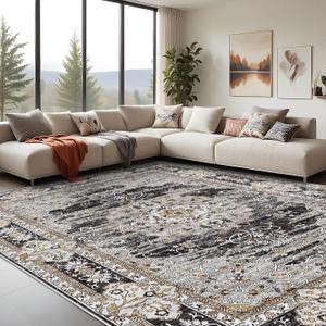 10x14 Washable Vintage Rug: Oriental Rugs for Living Room Non Slip Backing Stain Resistant Large Indoor Carpet for Bedroom Area Rug Dining Room Decor(Black,10x14FT)