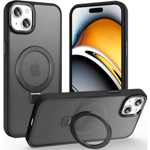 Magnetic for iPhone 15 Plus Case with Ring Stand, [10 FT Drop Protection] [Velvety Touch] Slim Translucent Matte Back Shockproof Phone Case for iPhone 15 Plus 6.7'', Space Black
