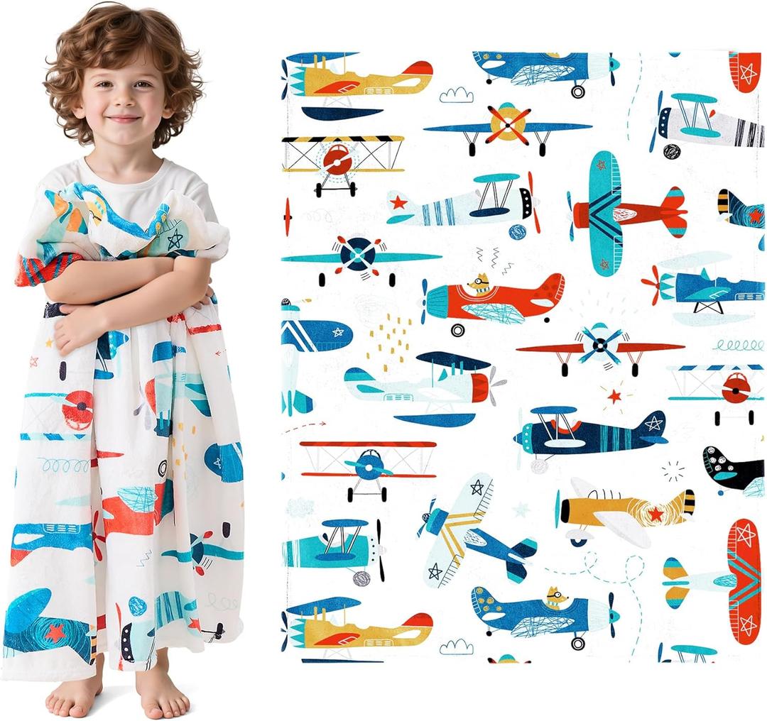 Wajade Airplane Blanket for Boys Soft Fleece Cute Aircraft Blanket for Couch Sofa Bedroom Fuzzy Flannel Blankets Birthday for Kids Boys 60"x80"