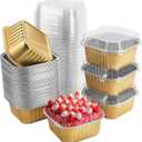 50 Pcs Mini Square Baking Cups with Lids, 5oz Aluminum Foil Mini Cake Pans with Lids, Disposable Ramekins Cake Pans, 150ml Dessert Cups Cupcake Pans for Wedding Birthday Party, Gold