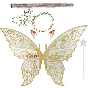 Fairy Wings for Adults and GirlsFairy Costume Set with Floral Garland, Fairy Hair Tinsel, Wand & Elf Ears  29"x21" Organza Butterfly Wings  Ideal for Cosplay, Party, Gold