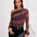 Women's Off The Shoulder Shirts Tie Dye Long Sleeve Mesh Casual Top Trendy Ruched Slim Fitted Tees (XS)