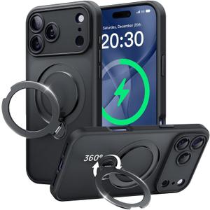 360 Spin Magnetic Stand for iPhone 17 Pro Max Case, [Fit for MagSafe][Military Protection][Full Camera Protection] Adjustable Kickstand iPhone Case for iPhone 17 Pro Max 6.9", Black