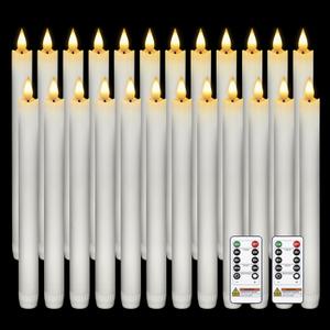 Homemory 24 Pcs Waxy Flameless Taper Candles with Remote, Flickering Battery Operated Taper Candle, Led Flameless Candlesticks Classic Tall Candles for Home, Wedding, Party, White, 9.6 inches