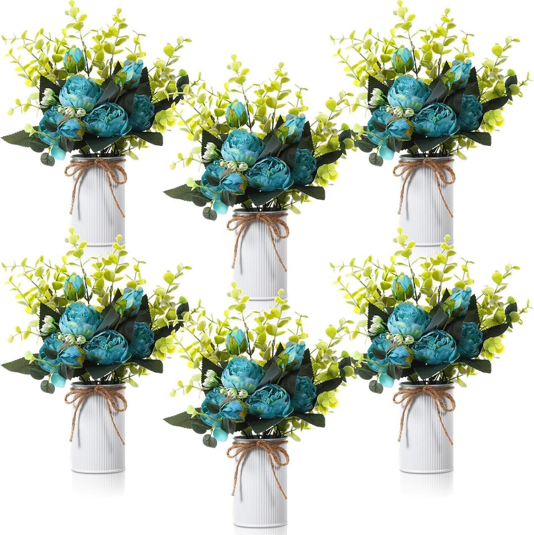 6 Sets Artificial Peonies Flowers, 6 Artificial Peony with Vase 6 Faux Eucalyptus, Faux Silk Peony Bouquet Spring Flowers for Decoration Wedding Party Home Dining (Teal)