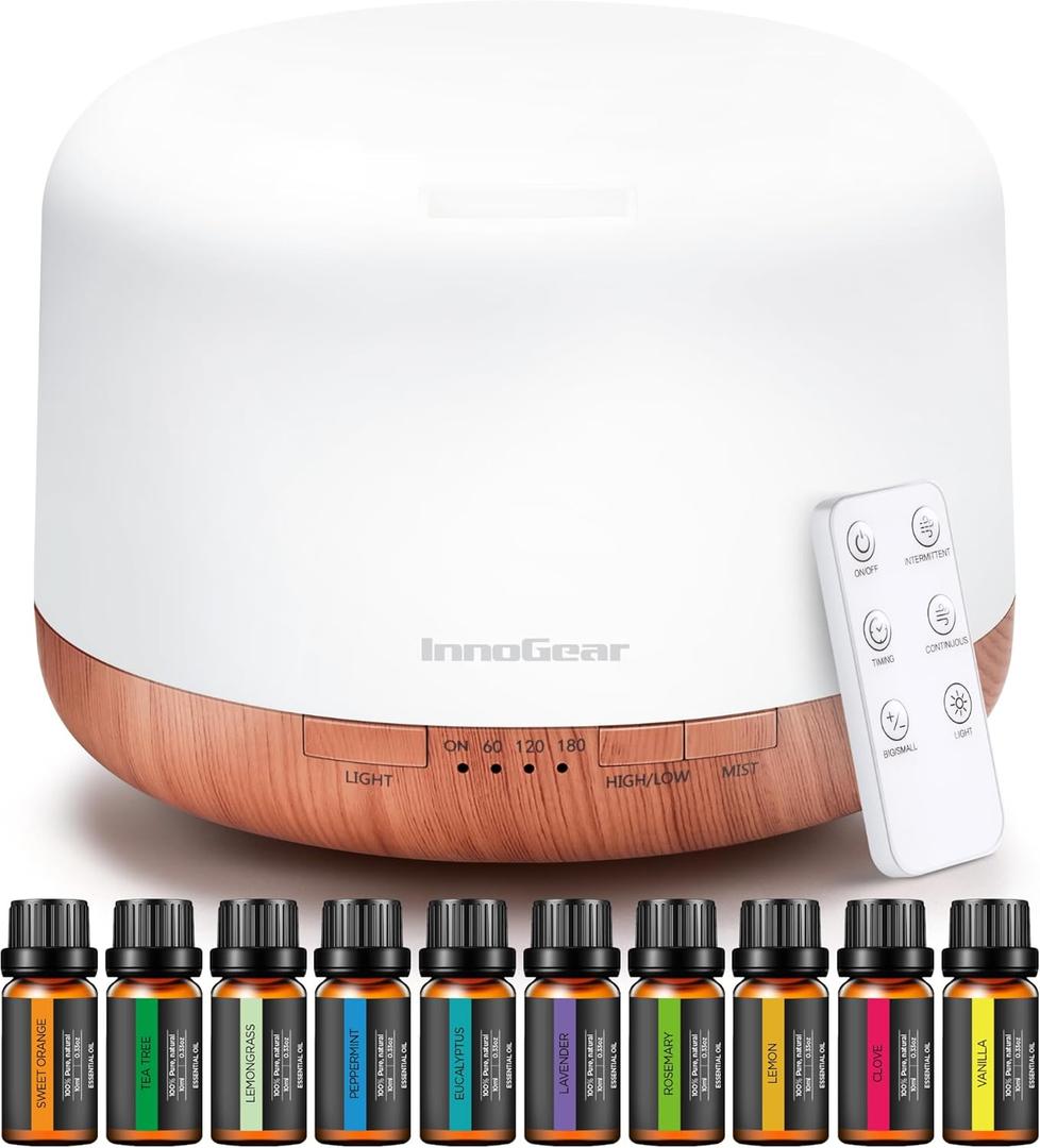 InnoGear 500ml Essential Oil Diffuser with Remote Control, Premium Ultrasonic Aromatherapy Diffusers Mother's Gift Scent Humidifier Vaporizer AutoOff Timer for Large Room Home, Yellow