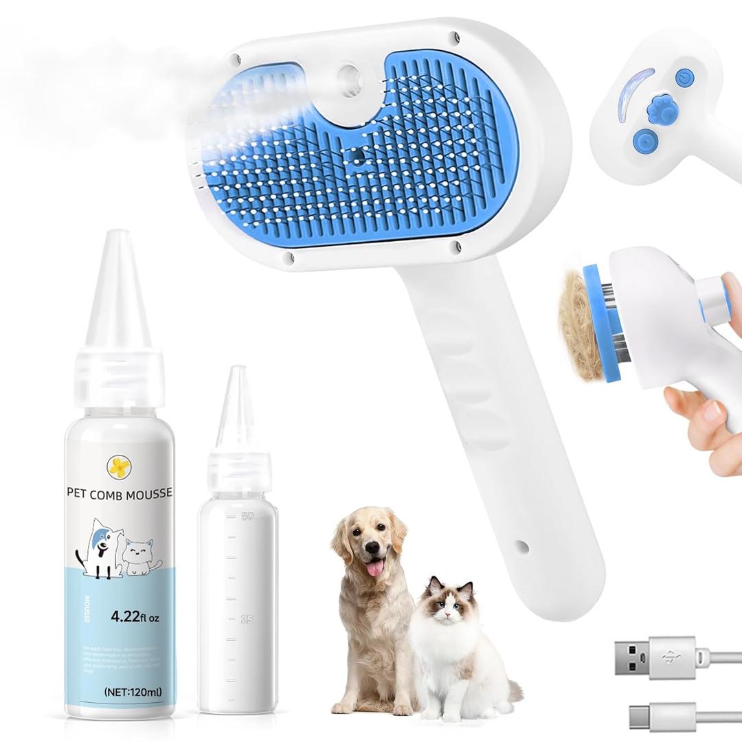 Pet Steam Brush for Dog & Cat - 3-in-1 Steam Grooming Brush for Shedding & Hair Removal - Self Cleaning Spray Comb with Mist for Long Haired Pets - Includes 1*Waterless Shampoo, Blue.