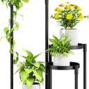 Folding Plant Stand Indoor Outdoor with Metal Tray, 4 Tiered Corner Flower Holder Shelf Metal Orchid Display Rack for Patio Porch Living Room Garden Balcony, Modern Black