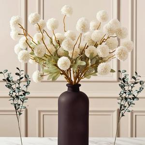 RyddeligHome White Faux Kiku Flowers for Vase - 10 Long Stem Artificial Flowers with Eucalyptus, Realistic Winter Floral Stems for Tall Vases, Farmhouse Home Decor (Premium Quality)