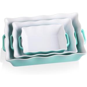 Sweejar Casserole Dishes for Oven, Ceramic Bakeware Set of 3, Rectangular Baking dish with Handles, Wave Edge Lasagna Pan Deep for Cooking, Cake, Dinner, Banquet and Daily Use (Turquoise)