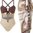 YUNIDMEIM Womens One Piece Swimsuits Retro Tummy Control Swimwear Set Bathing Suit Cover Up for Women with Wrap Skirt (Large, Brown)