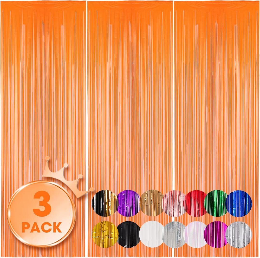 Voircoloria 3 Pack 3.3x8.2 Feet Orange Foil Fringe Backdrop Curtains, Tinsel Streamers Birthday Party Decorations, Fringe Backdrop for Graduation, Baby Shower, Gender Reveal, Disco Party