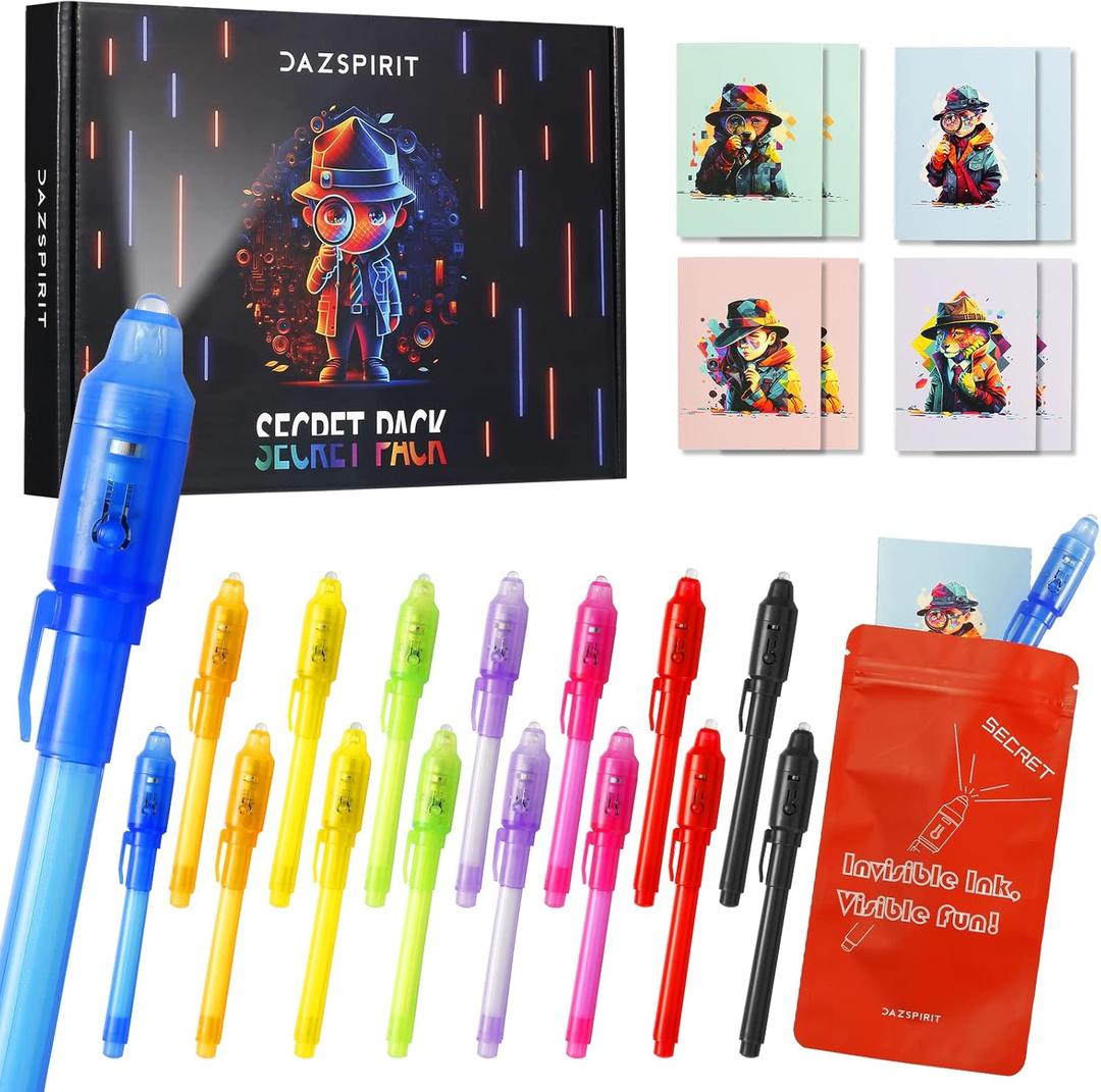 16 Pack Invisible Ink Pens with UV Light, Detective Notepads & Gift Bags, Classroom Prizes, Treasure Box Fillers, Goodie Bag Stuffers, Spy Party Favors for Kids 8-12, Prize Box Toys
