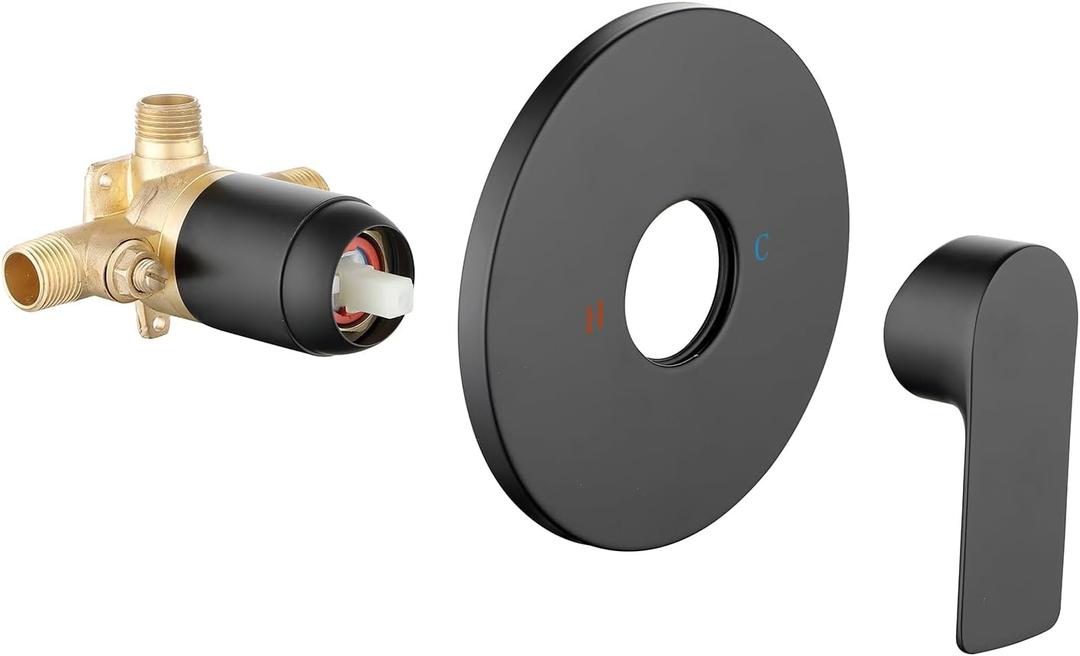 Taplong Round Single-Function Shower Handle Valve Trim Kit Bathroom Shower Valve Set Hot and Cold Mixer Wall Mount Shower Faucet Rough-In Valve-Black, 06161KB