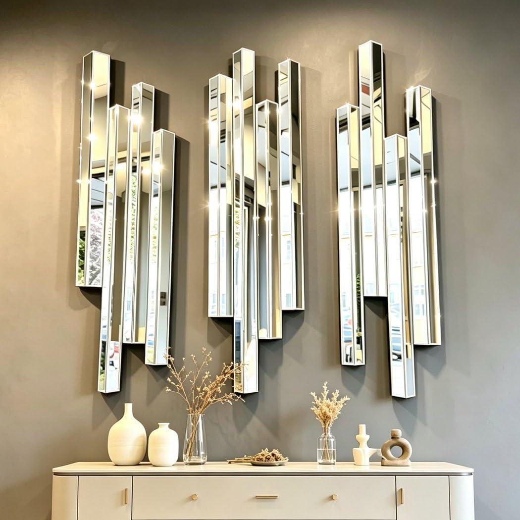 Modern 3 Pack 28x8 Staggered 3D Silver Mirror Wall Set Mirror Decor
