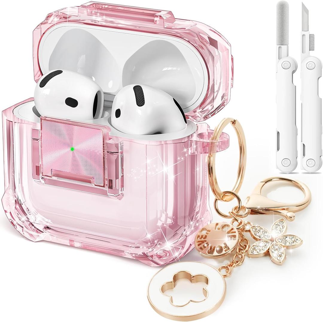 with Safety Lock,Soft TPU Clear Case with Cute Bling Keychain and Cleaner kit for Women Girls (AirPods 4th 2024, A2-Clear Pink)