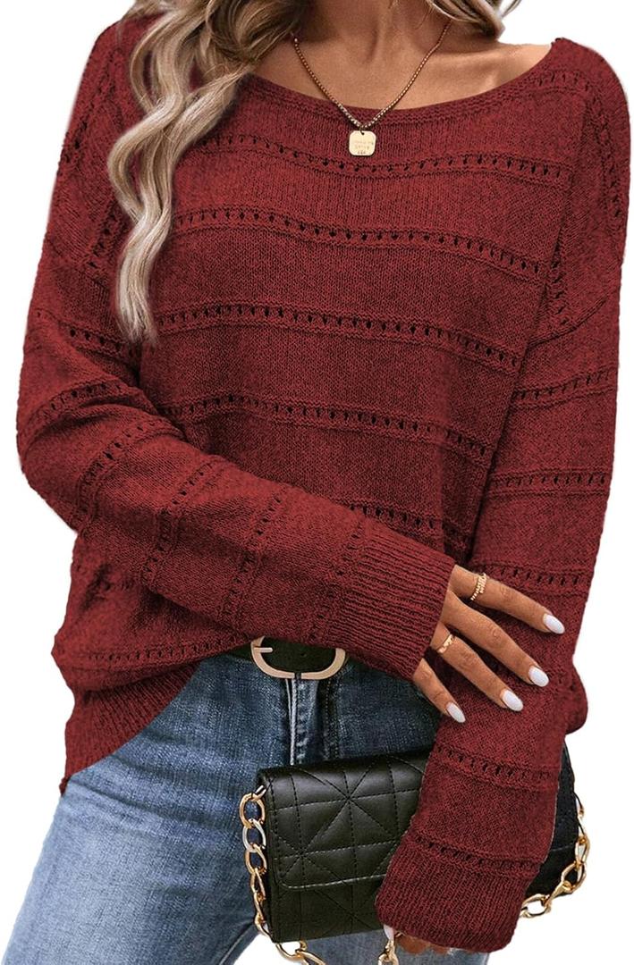 SHEWIN Women's Sweaters Crew Neck Crochet Sweater Lightweight Knit Long Sleeve Tops Shirts Loose Fit Spring 2026 (Red Dahlia) L