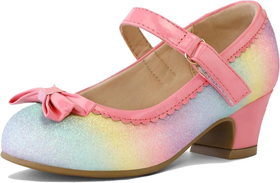 K KomForme Girl's Dress Shoes Mary Jane Glitter 1.5 in Low Heel Wedding Party Princess Shoes for Toddler/Little/Big Kids (Rainbow, 7)
