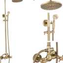 Antique Brass Rain Shower System Set 2 Knobs Mixing 8 Inch Round Rainfall Shower Head with Handheld Spray Bathroom Shower Faucet