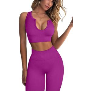 QINSEN Workout Outfits for Women 2 Piece Ribbed Seamless Crop Tank High Waist Yoga Leggings Sets