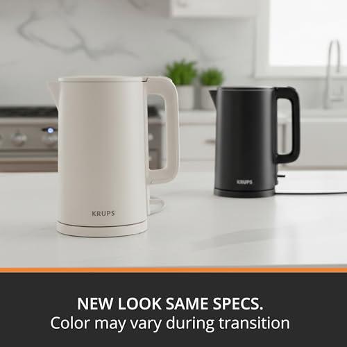 KRUPS 1.5L Electric Kettle Stainless Steel Cool Touch Interior, Fast Boiling, One Cup in 80 Seconds, Double Wall, Auto Off, Keep Warm, Hot Water Kettle Electric, Cordless, Black/White