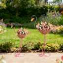 Set of 2 Pink Flamingo Outdoor Planters with Basket, Metal Flamingo Planter for Indoor Outdoor Garden Yard Decor (Flamingo-Planter)