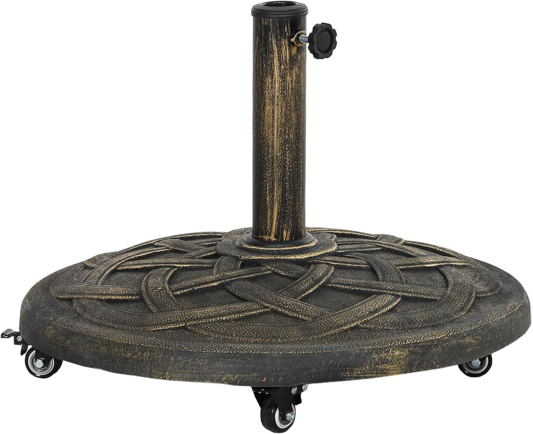 Outsunny Round Patio Umbrella Base with Wheels, 44 lbs Resin Umbrella Stand Base, Heavy Duty Patio Umbrella Holder for 1.3"/1.5"/1.9" Umbrella Poles for Outdoor, Lawn, Poolside, Bronze