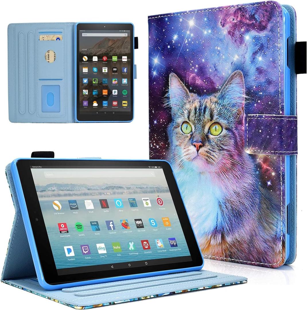 KEROM Case for Fire HD 10 Tablet (9th/7th/5th Generation, 2019/2017/2015 Release), PU Leather Folio Stand Protective Cover Case with Auto Wake/Sleep, Card Slot, Pen Holder - Space Cat