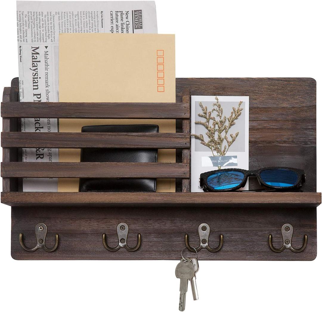 Dahey Wall Mounted Mail Holder Wooden Key Holder Rack Mail Sorter Organizer with 4 Double Key Hooks and A Floating Shelf Farmhouse Rustic Home Decor for Entryway or Mudroom,15.7"W x9.3"Hx3.2"D, Brown