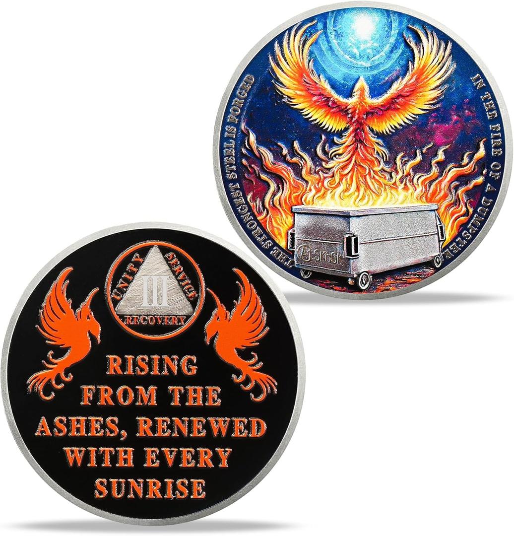 3 Year Phoenix Sobriety Chip, AA Coin with Triangle & Twin Phoenixes, Dumpster Fire Recovery Medallion, Sober Gift Token for 3rd Year Milestone Anniversary