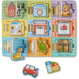 Melissa & Doug Wooden Hide & Seek Activity Board  Montessori Busy Board with Hinges, Doors & 9 Wooden Magnetic Puzzles, Educational Preschool Learning Toy for Toddlers & Kids Ages 3+
