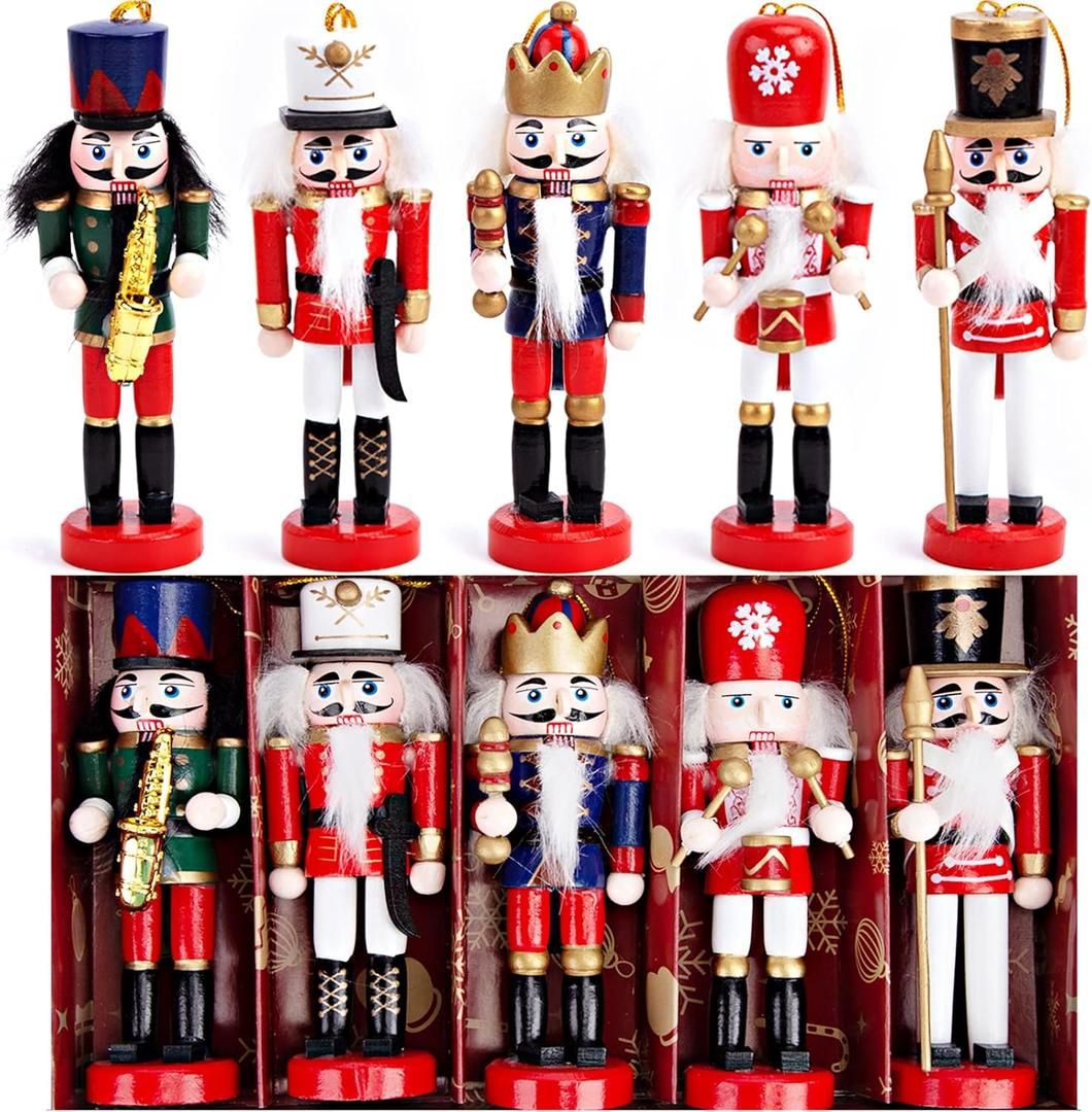 AMOR PRESENT Christmas Nutcracker Ornaments Set, 5.5 Inch Hanging Decorations Wooden Nutcracker Soldiers for Christmas Tree Gift Shelves Table Decoration (Red)