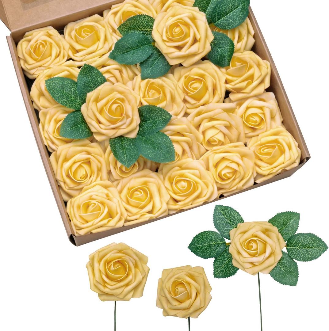 Jelofly Artificial Flowers Creamsicle Yellow Roses 50pcs Real Looking Fake Flowers Foam Roses w/Stem DIY Wedding Bouquets Centerpieces Baby Shower Party Home Decorations