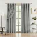 Bujasso Grey 90% Blackout Curtains with Sheer Overlay Mix and Match Double Layer Window Curtains Thermal Insulated 84 inch for Bedroom Gray Drapes with Tiebacks Rod Pocket Back Tab 37" Wx84 Lx2