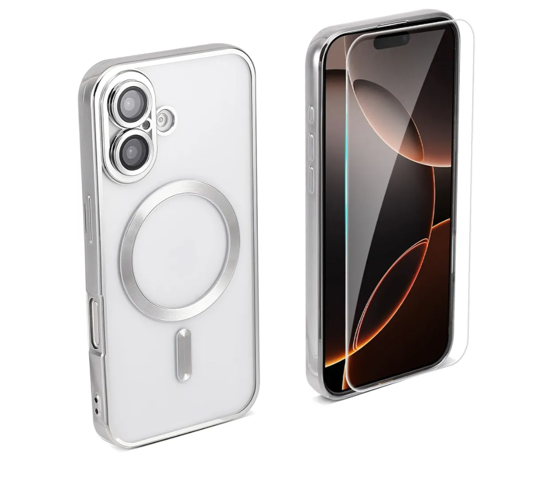 Magnetic for iPhone 16 Case,with Screen Protector, Soft Clear Plating Slim Full Acoverage Protective Phone Case for iPhone 16, Compatible with MagSafe, Silver
