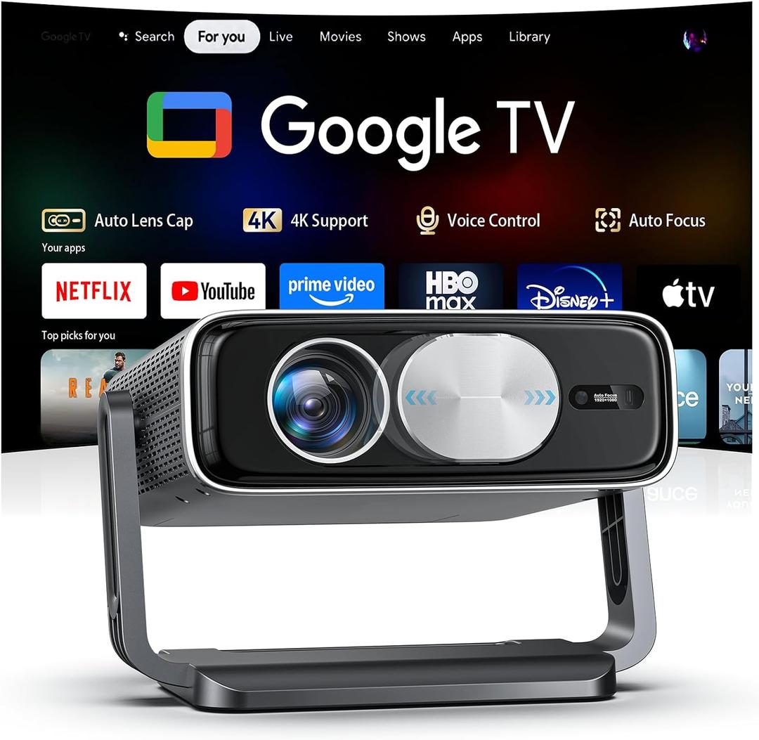 Smart Projector [Built in Google TV and 4K Support] with WiFi and Bluetooth, 2500ANSI, Auto Lens Cap, Portable Outdoor Movie Projector with Built-in Apps Auto Focus for Ceiling/Home Theater/Bedroom
