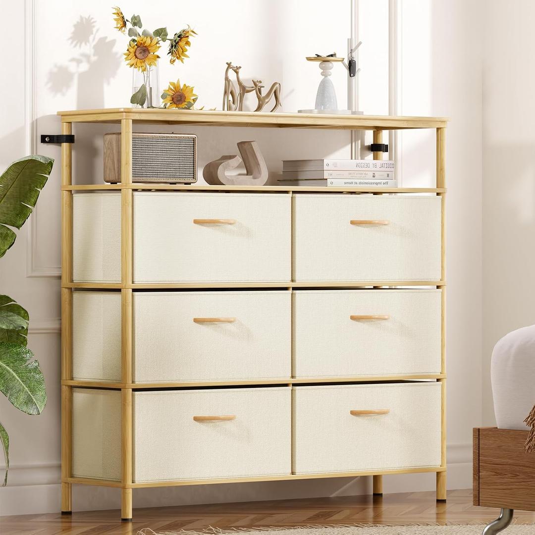 Solid Wood Dresser, Dresser with 6 Drawers, Solid Bamboo Frame Paired with Fabric Storage Boxes, Large Capacity, Stable and Durable, Versatile Style, for Bedrooms, Living Rooms, and Hallways, 11.8"D x 39.4"W x 37.8"H