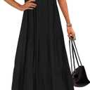 KIRUNDO Summer Maxi Dresses for Women 2026 Spring Fashion Short Sleeve Button V Neck Pleated Loose Tiered Swing Flowy Dress (Medium, Black)